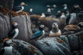 busy seabird colony on rocky shoreline