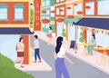 Busy street in Chinatown flat color vector illustration Royalty Free Stock Photo