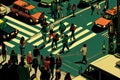 busy street intersection, with people rushing to and from work and school, traffic lights turning green and red