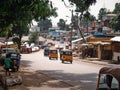 Busy street and residential buildings of central Monrovia in Liberia