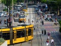 busy street scene in Budapest, Hungary in early fall. yellow trams and many pedestrians