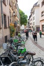 The busy streets in the historic old town of Strasbourg filled with tourists in high summer