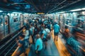 A busy subway platform with a group of commuters walking hurriedly to their destinations, A crowded subway platform with commuters Royalty Free Stock Photo