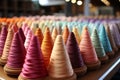 Busy textile mill features a large array of bobbin thread cones