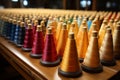 Busy textile mill features a large array of bobbin thread cones