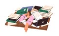 Busy tired employee on desk under many papers, overloaded with documents. Excessive workload, business burden, paperwork