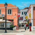 Busy touristic restaurants and bars area in the center of Cascais with traditional Portuguese architecture