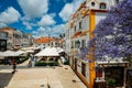 Busy touristic restaurants and bars with traditional Portuguese architecture and blue Jacaranda tree on foreground