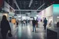 Busy trade fair with a sea of booths and blurry business people