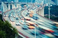 Busy traffic closeup on curve bridge