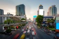 Busy traffic in Downtown Bangkok during sunset with office building skyscraper in Bangkok, Thailand Royalty Free Stock Photo