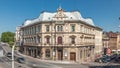 Busy traffic on intersection near Chrobry Square in Bielsko-Biala timelapse, Poland.