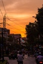 Busy traffic jam during sunset in Ho Chi Minh city Saigon, Vietnam Royalty Free Stock Photo