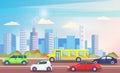 Busy Traffic Road with Colorful Cars Cityscape Vector Royalty Free Stock Photo