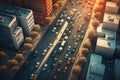 busy traffic on roads of large city, aerial view of street