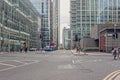 Busy traffic at upper bank street with modern buildings in Canary Wharf Royalty Free Stock Photo