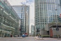 Busy traffic at upper bank street with modern buildings in Canary Wharf Royalty Free Stock Photo