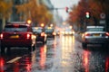 busy traffic on a wet city road on a rainy evening, city street in late autumn season Royalty Free Stock Photo