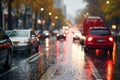 busy traffic on a wet city road on a rainy evening, city street in late autumn season Royalty Free Stock Photo