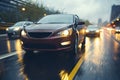 busy traffic on a wet highway road on a rainy evening Royalty Free Stock Photo