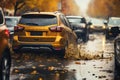 busy traffic on a wet highway road on a rainy evening Royalty Free Stock Photo