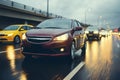 busy traffic on a wet highway road on a rainy evening Royalty Free Stock Photo