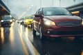 busy traffic on a wet highway road on a rainy evening Royalty Free Stock Photo