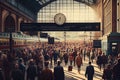 busy train station, with crowds of people and hustle and bustle of activity Royalty Free Stock Photo
