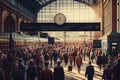 busy train station, with crowds of people and hustle and bustle of activity