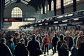 busy train station, with crowds of people and hustle and bustle of activity