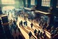 busy train station, with crowds of people and hustle and bustle of activity