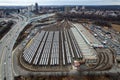 Busy train yard with multiple freight trains parked in Queens, New York Royalty Free Stock Photo