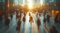 A busy urban scene with people walking, illuminated by the warm glow of a sunrise. The setting is an urban environment, a business Royalty Free Stock Photo