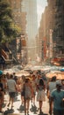 Busy urban street shaded by umbrellas in a heatwave. The need for sun protection in city life