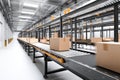 Conveyor system transporting packages in a modern warehouse facility during daylight hours Royalty Free Stock Photo