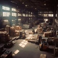 Busy Warehouse with Forklifts and Pallets