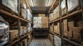 Busy warehouse interior with high shelves and boxes Royalty Free Stock Photo