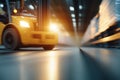 Busy warehouse operations with a forklift moving quickly past stacked pallets during night shift Royalty Free Stock Photo