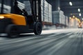 Busy warehouse operations with a forklift moving quickly past stacked pallets during night shift Royalty Free Stock Photo