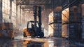 Busy warehouse scene with sunlight piercing through, forklift in operation. industrial workday. logistic operations. AI Royalty Free Stock Photo