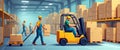 Busy warehouse scene with workers and a forklift Royalty Free Stock Photo