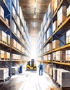 A busy warehouse scene with workers and a forklift moving goods Royalty Free Stock Photo