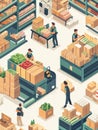 Busy warehouse with workers packing grocery orders in a modern isometric design featuring neatly stacked boxes Royalty Free Stock Photo