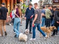 Busy weekend day with many people on the streets of old town center in Bucharest. People walking Royalty Free Stock Photo