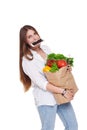 Busy woman hold bag with healthy food, grocery buyer isolated Royalty Free Stock Photo