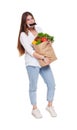 Busy woman hold bag with healthy food, grocery buyer isolated Royalty Free Stock Photo