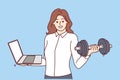 Busy woman with laptop and dumbbells multitasking and doing fitness to support figure