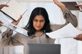 Busy woman, office documents and burnout from work overload, stress and chaos in corporate workplace. Overworked company Royalty Free Stock Photo