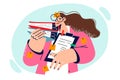 Busy woman with paperwork and sticky notes needs help with paperwork or learning time management