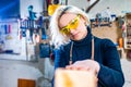 Busy wood designer in a small carpentry workshop